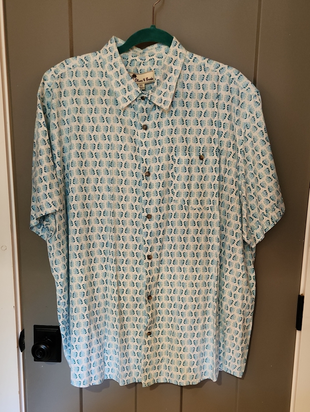 NEW Oliver & Burke blue and teal floral/leaf pattern Hawaiian button-up shirt3XL